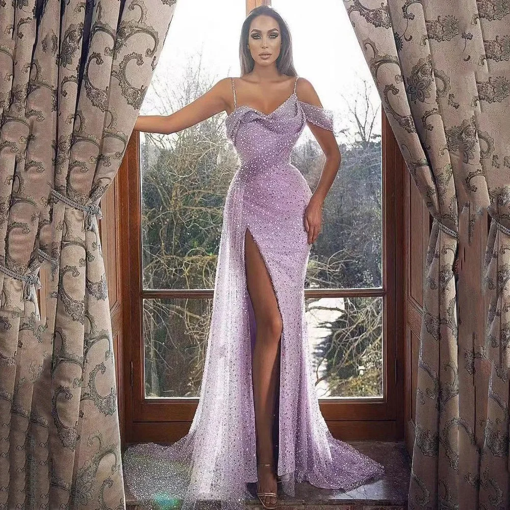 

Sexy Purple Evening Dresses Spaghetti Strap Side Split Off Shoulder Boat Neck Luxury Mermaid Female Formal Celebrity Prom Gowns