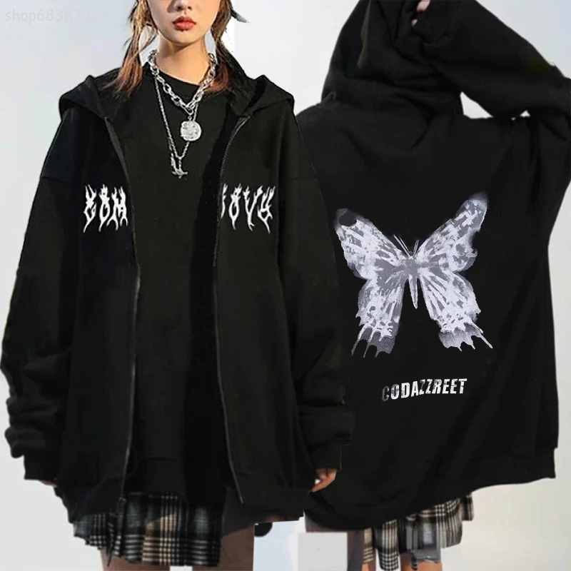 

Y2k Harajuku Hoodies Women Autumn Winter Hip Hop Zipper Butterfly Aesthetic Hooded Sweatshirt Female Goth Punk Jacket Coat