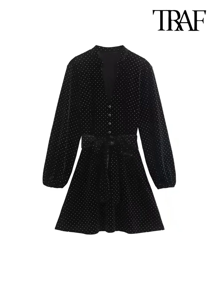 

TRAF Women Fashion With Belt Metal Appliques Velvet Mini Dress Vintage Long Sleeve Front Button Female Dresses Vestidos