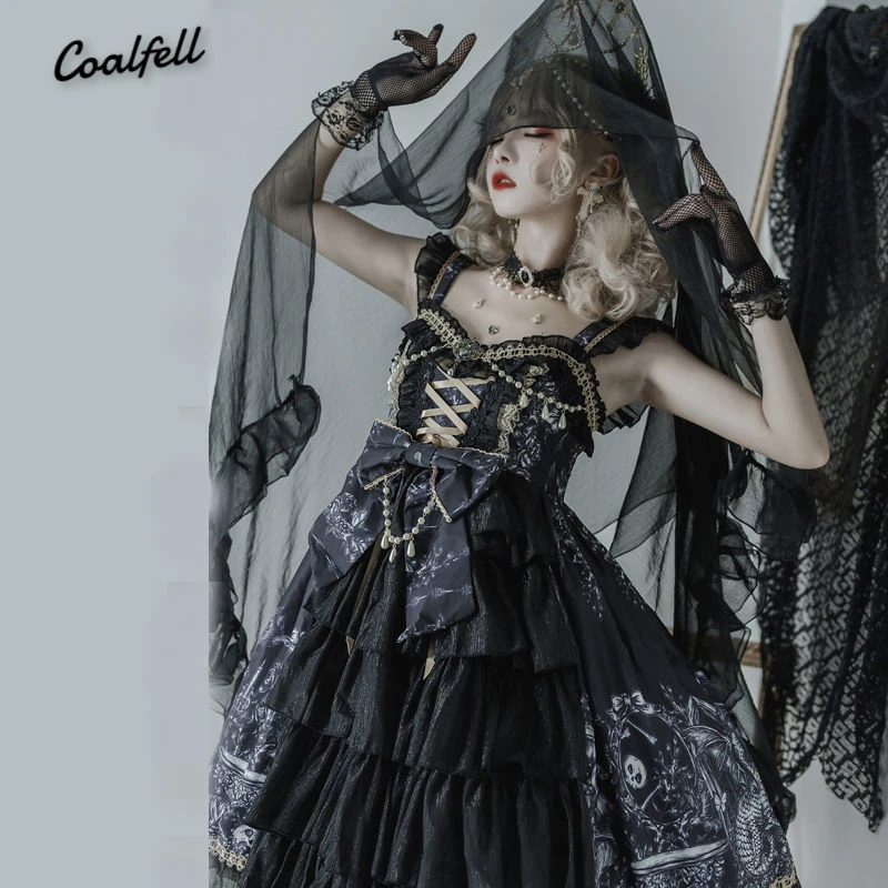 Оригинальный дизайн Лолита дракон готическое темное платье на бретелях для