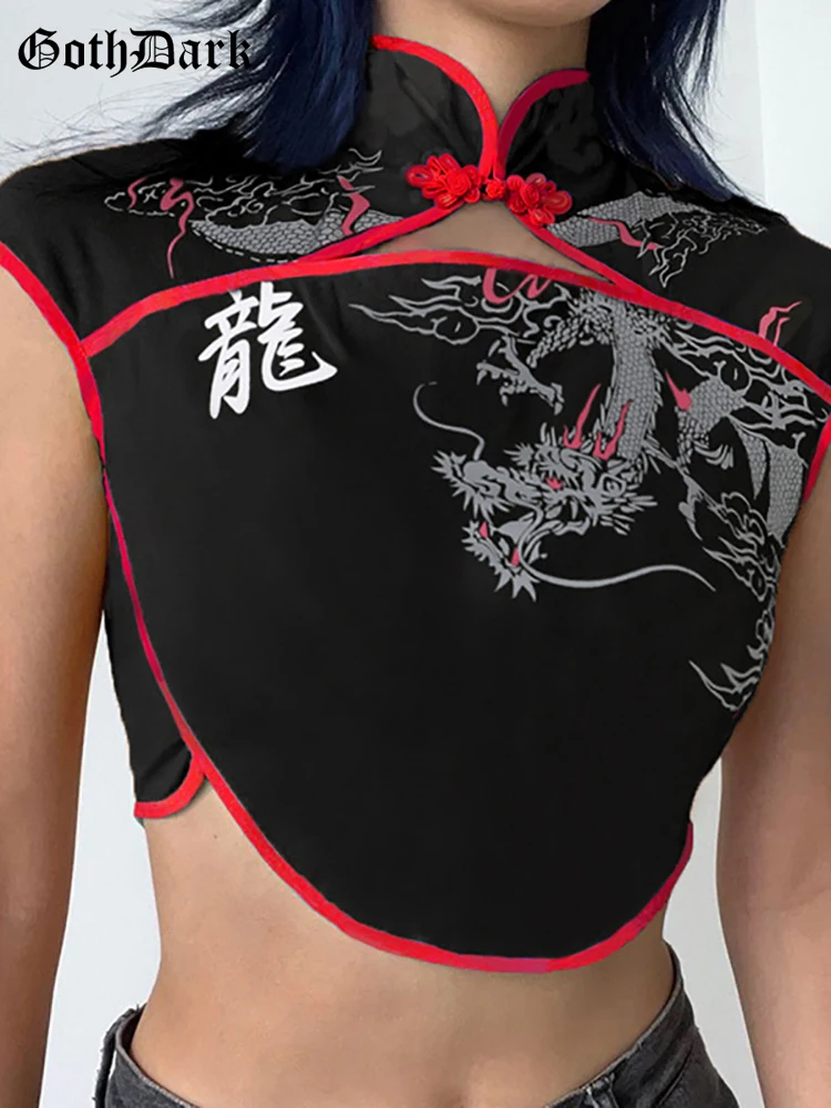 

Goth Dark Chinese Style Dragon Print Women T-shirts Vintage Gothic Aesthetic Y2k Sexy Crop Blouses Punk Cut Out Alt Summer Tops