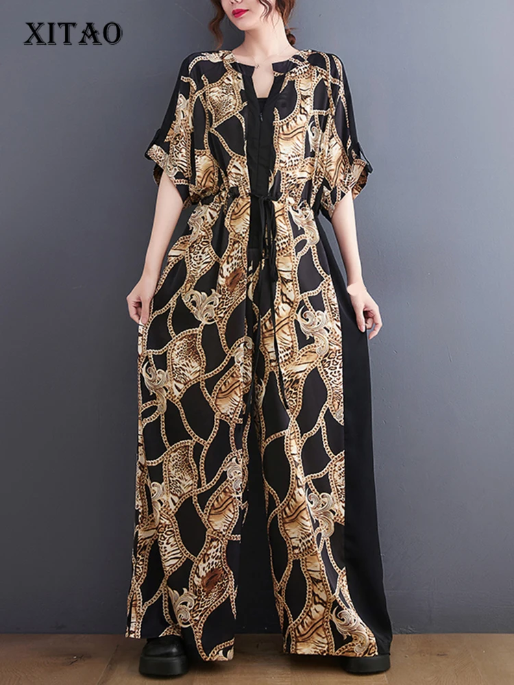 

XITAO Patchwork Print Casual Jumpsuits Women Personality Fashion Loose Short Sleeve Jumpsuits Korea 2023 Summer New WLD13692