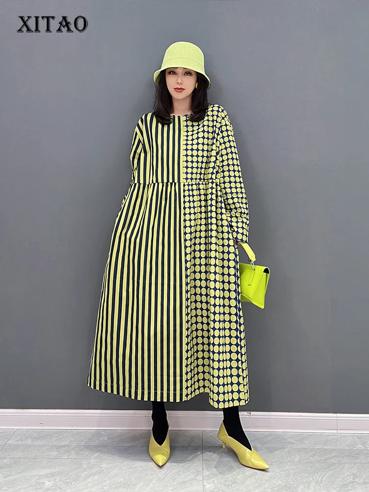 

XITAO Casual Loose Dress Fashion Asymmetrical Striped Dot Splicing Print Long Sleeve Dress Autumn New Simplicity Women WLD8688