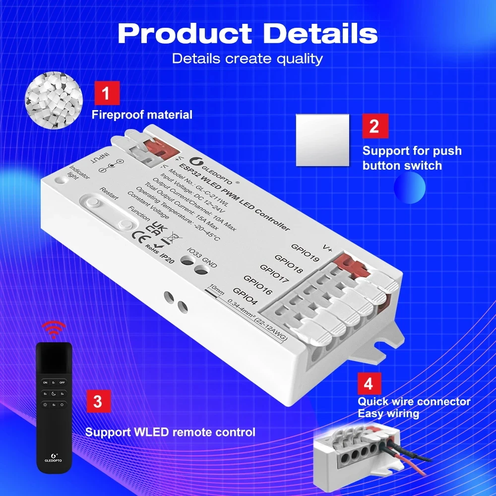 Фото ESP32 ШИМ WLED светодиодный контроллер 5 в 1 контроллер DC 12-24 В Wi-Fi беспроводное управление приложением легкая проводка DIY статический динамический режим освещения №2