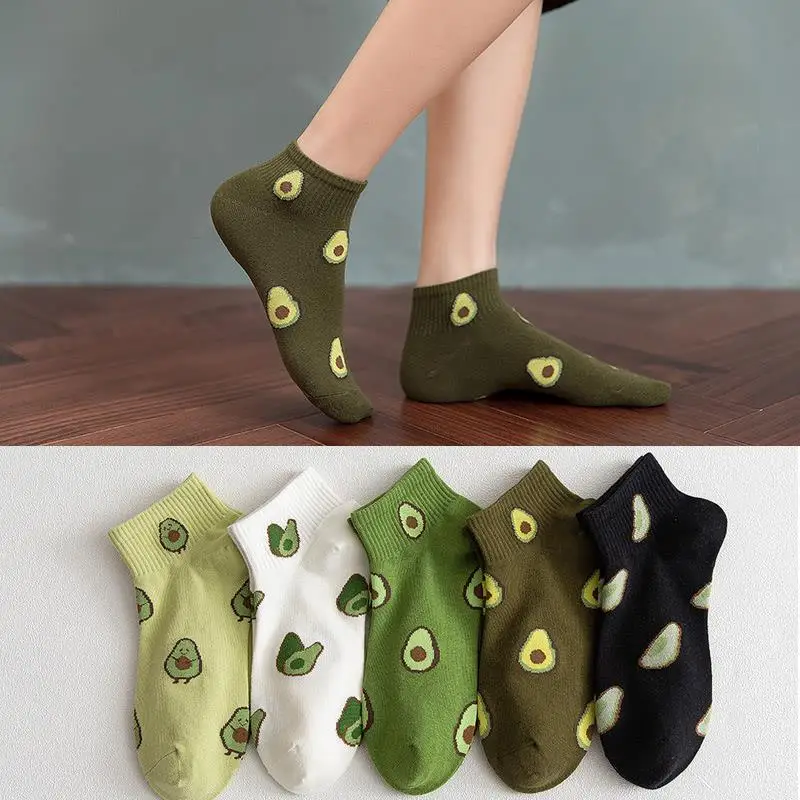 

New Fashion Women Cotton Socks Green Avocado Fruit Harajuku Ladies Funny Happy Soft Cute Japanese Casual Girls Short Socks