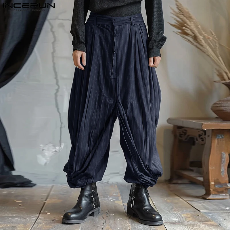 INCERUN мужские брюки со средней талией на пуговицах повседневные свободные в