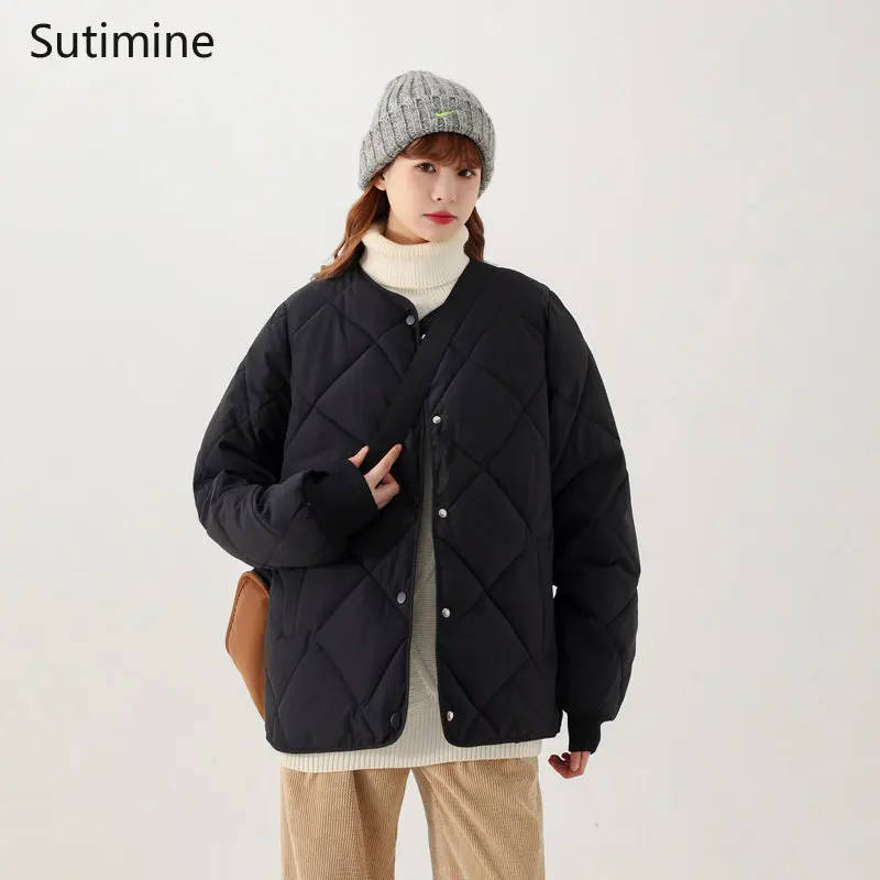 Argyle Cotton Jacket Women New Down Cotton O-Neck Cotton Jacket Short Coat Office Lady Winter Coat for Women Pockets Coat Women