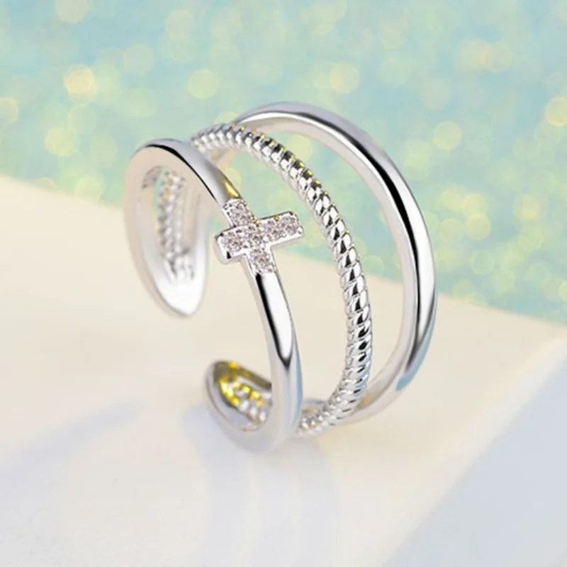Voq Серебристый цвет Новая мода Двухслойное Кольцо с крестом Micro CZ Zircon для женщин Регулируемая ювелирная изделия.