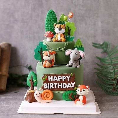 

Cute Forest Cartoon Animal Caketopper Soft Clay Tiger Elephant Snail Fox Happy Birthday Cake Decor Wild One Woodland Theme Parti