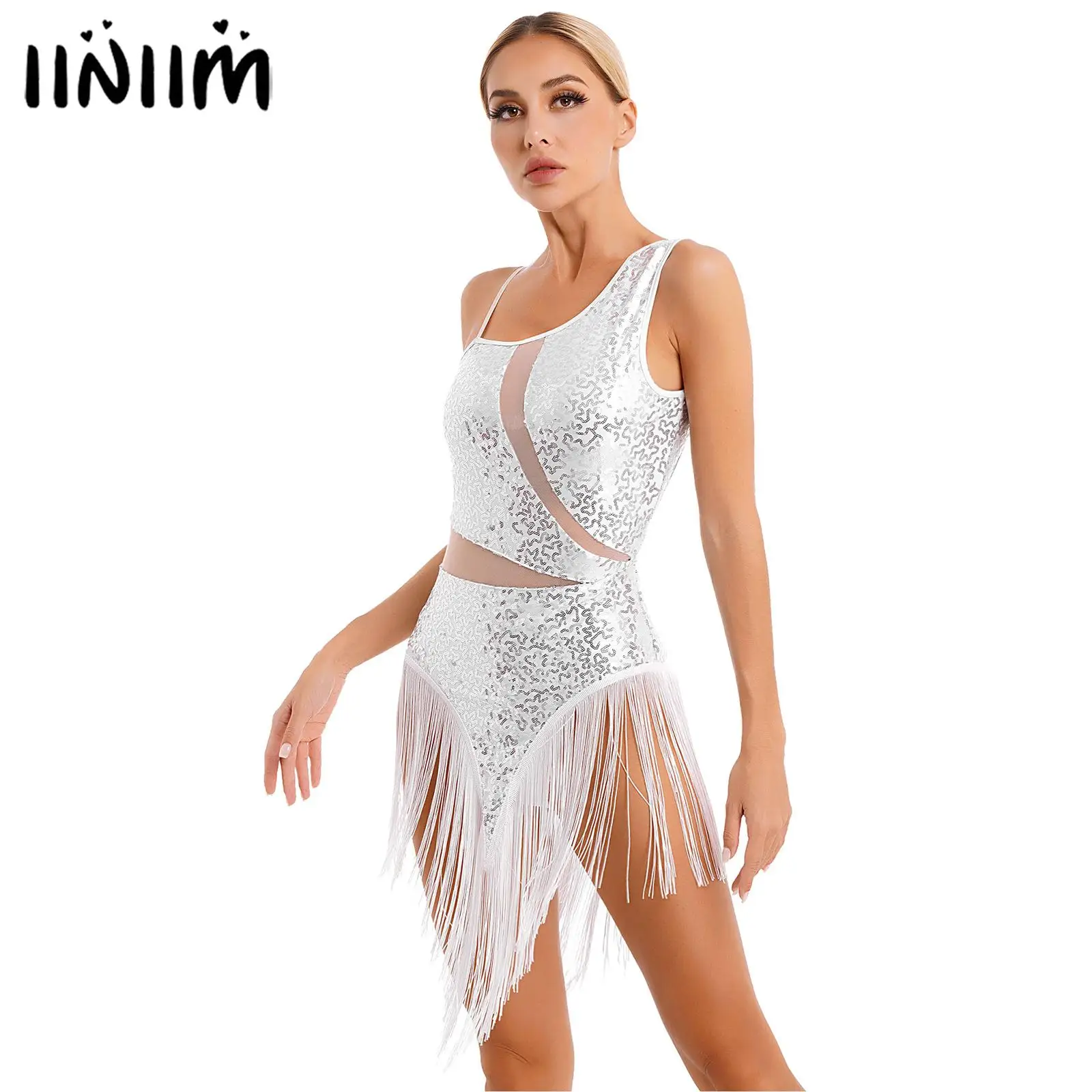 

Womens Latin Dance Dress Performance Costume Sparkling Sequin Fringed Dress Asymmetrical Shoulder Straps Tassel Leotard Dresses