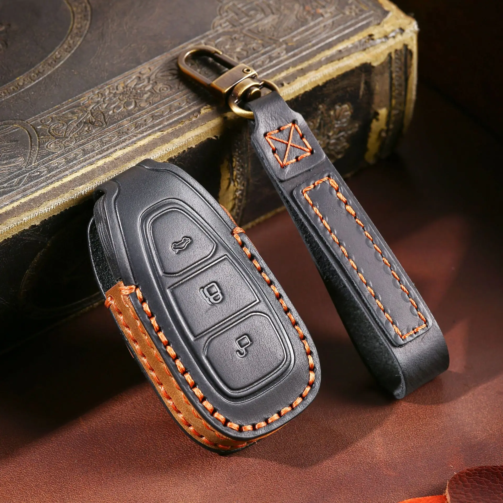 

Luxury Leather Car Key Case Cover Fob Holder for Ford Mondeo Focus Fiesta Kuga C-Max S-Max MK3 Auto 3 Buttons Shell Protection