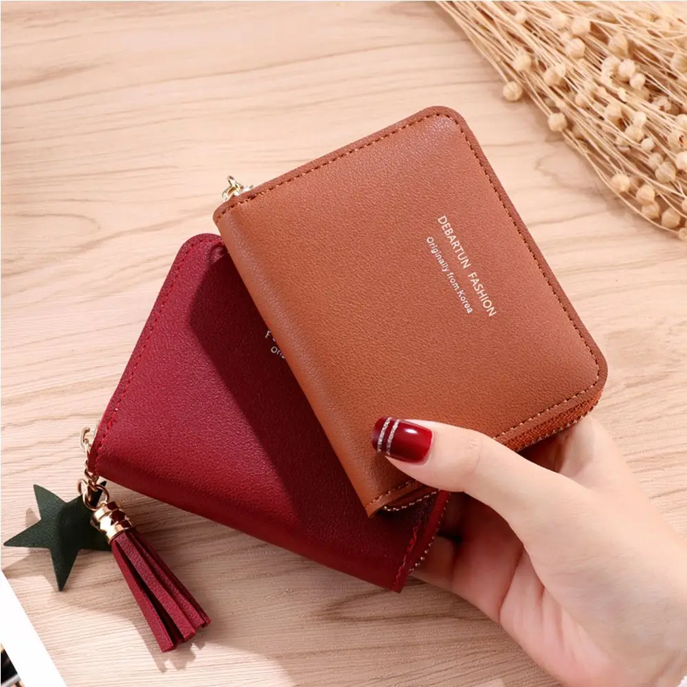 

Women Credit Short Small Zipper Leather Bank Female Wallet Tassel Coin Holder Mini Square Card Wallet Purse Simple Wallet
