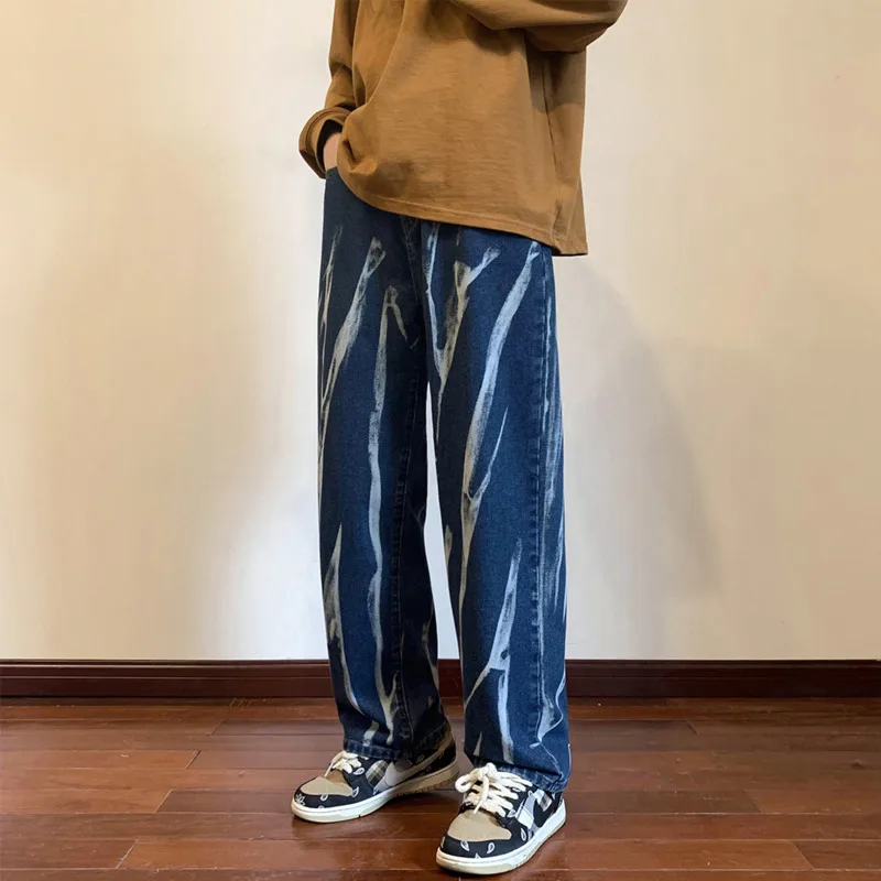Blue Black Baggy Jeans Men Fashion Tie-dyed Jeans Mens Japanese Streetwear Hip-hop Loose Straight Denim Trousers Men M-5XL