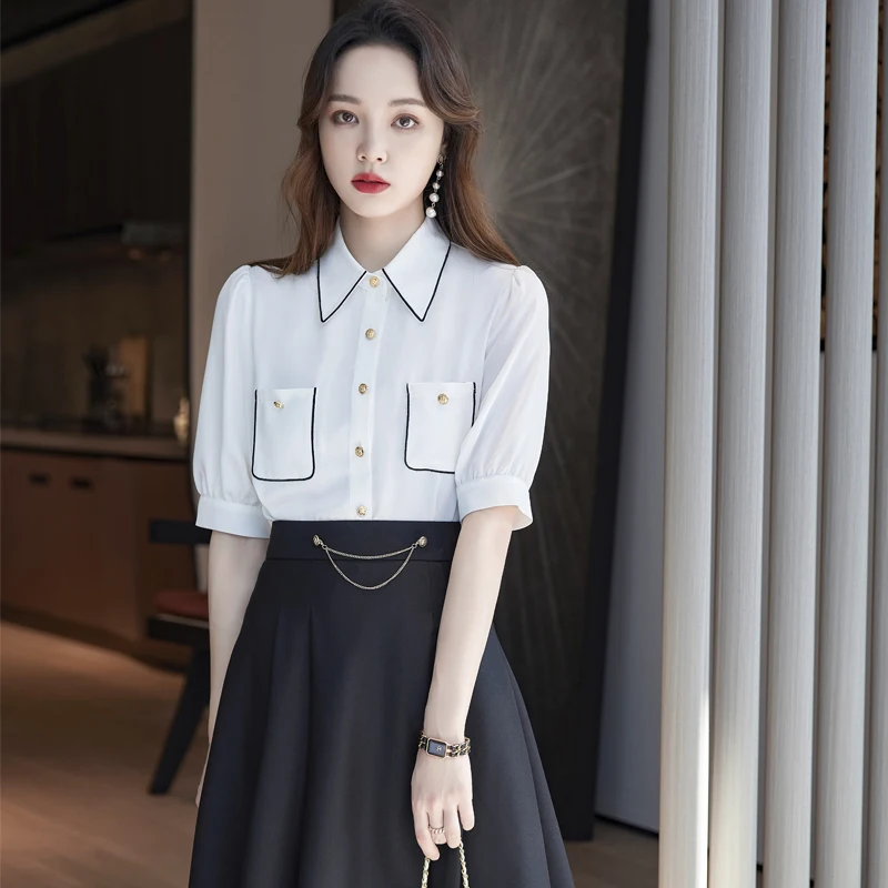 

Ladies Two Piece Skirt and Tops Sets Work Wear Half Sleeve Fashion Women Blouses & Shirts White Office