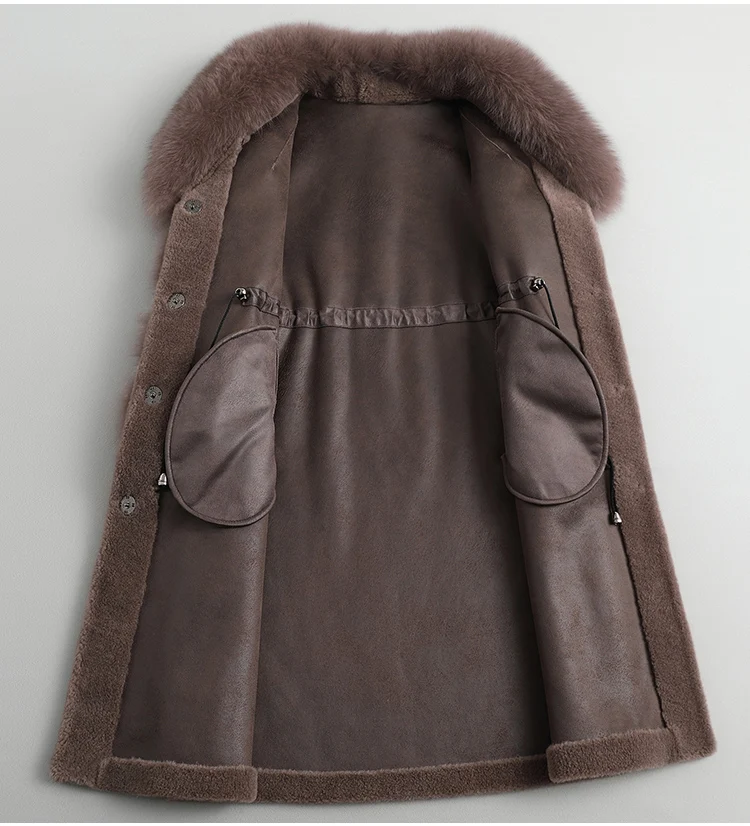 GOURS Real Fur Coats for Women Winter Long Coats and Jackets Natural Wool Clothes Fox Fur Collar Warm Soft Plus Size New LD8828