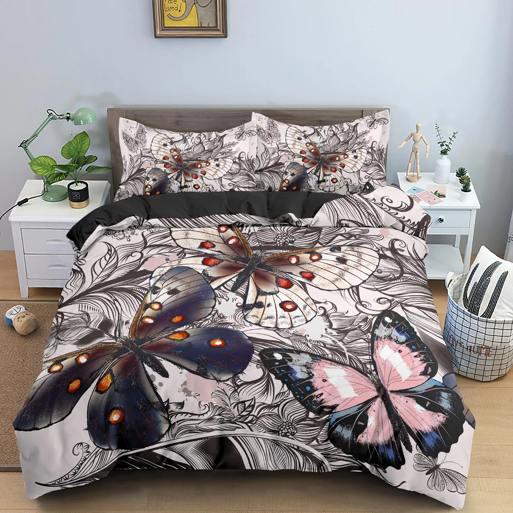 

Pretty Butterfly Duvet Cover Animal Floral for Women Teens Adults Beautiful Flower Polyester Quilt Cover Bedroom Decoration King