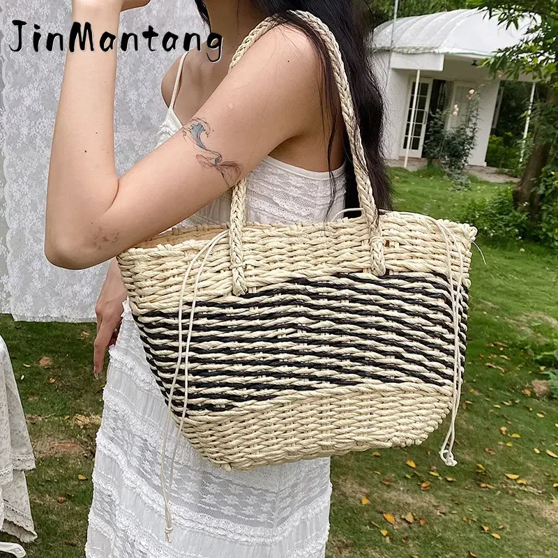 

Летняя женская Плетеная соломенная сумка-тоут JinMantang, новинка 2023, модные пляжные сумки ручной работы, женские большие сумки через плечо из ротанга