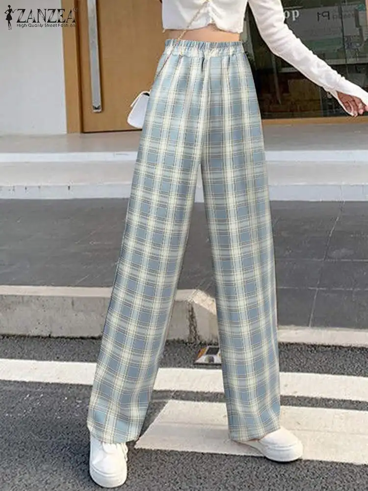 

ZANZEA 2023 New Plaid Long Trouser Checked Pockets High Waist Women Pants Korean Fashion Female Casual Loose Streetwear Pantalon