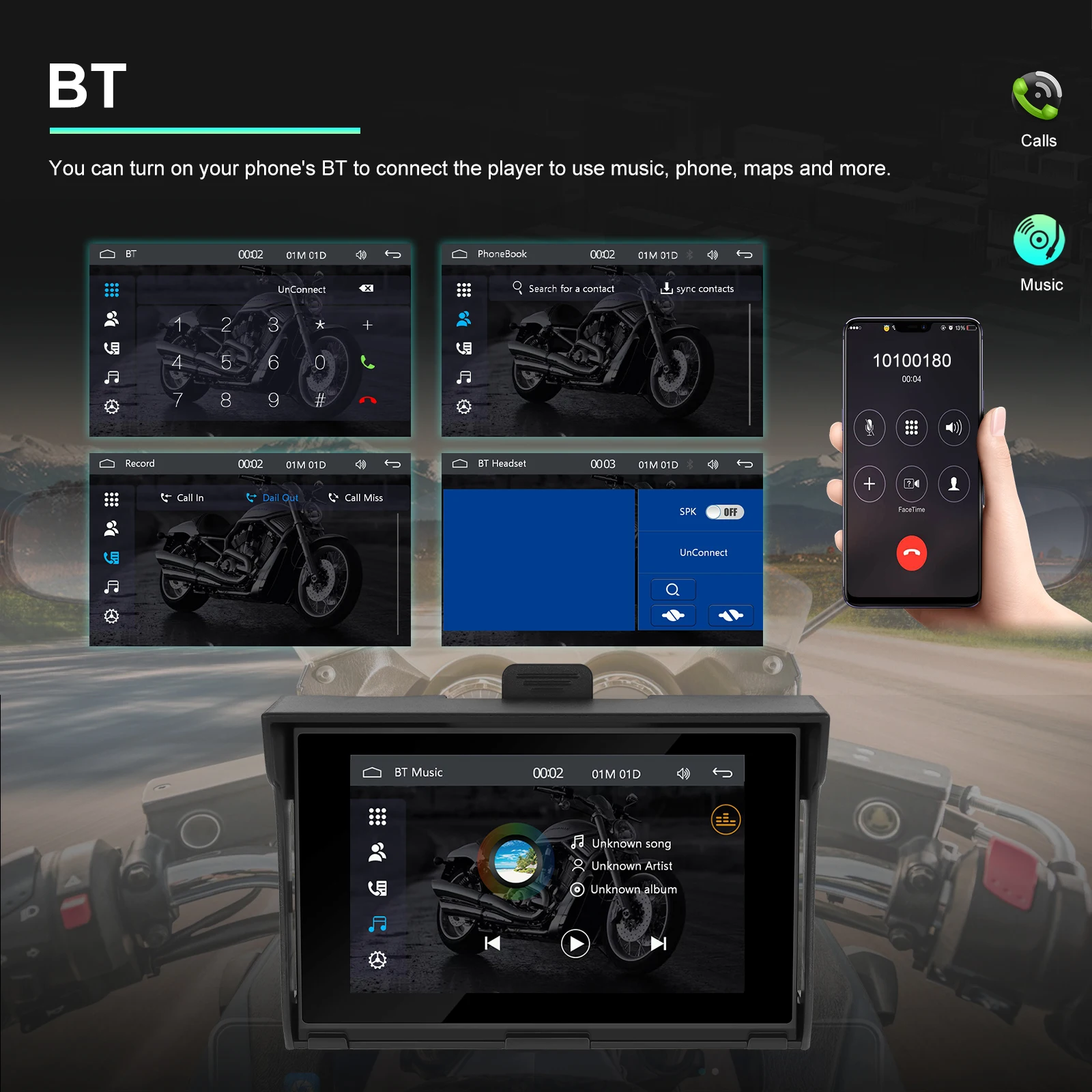 Podofo 5-дюймовый мотоциклетный экран с портативным беспроводным Carplay и Android Auto GPS