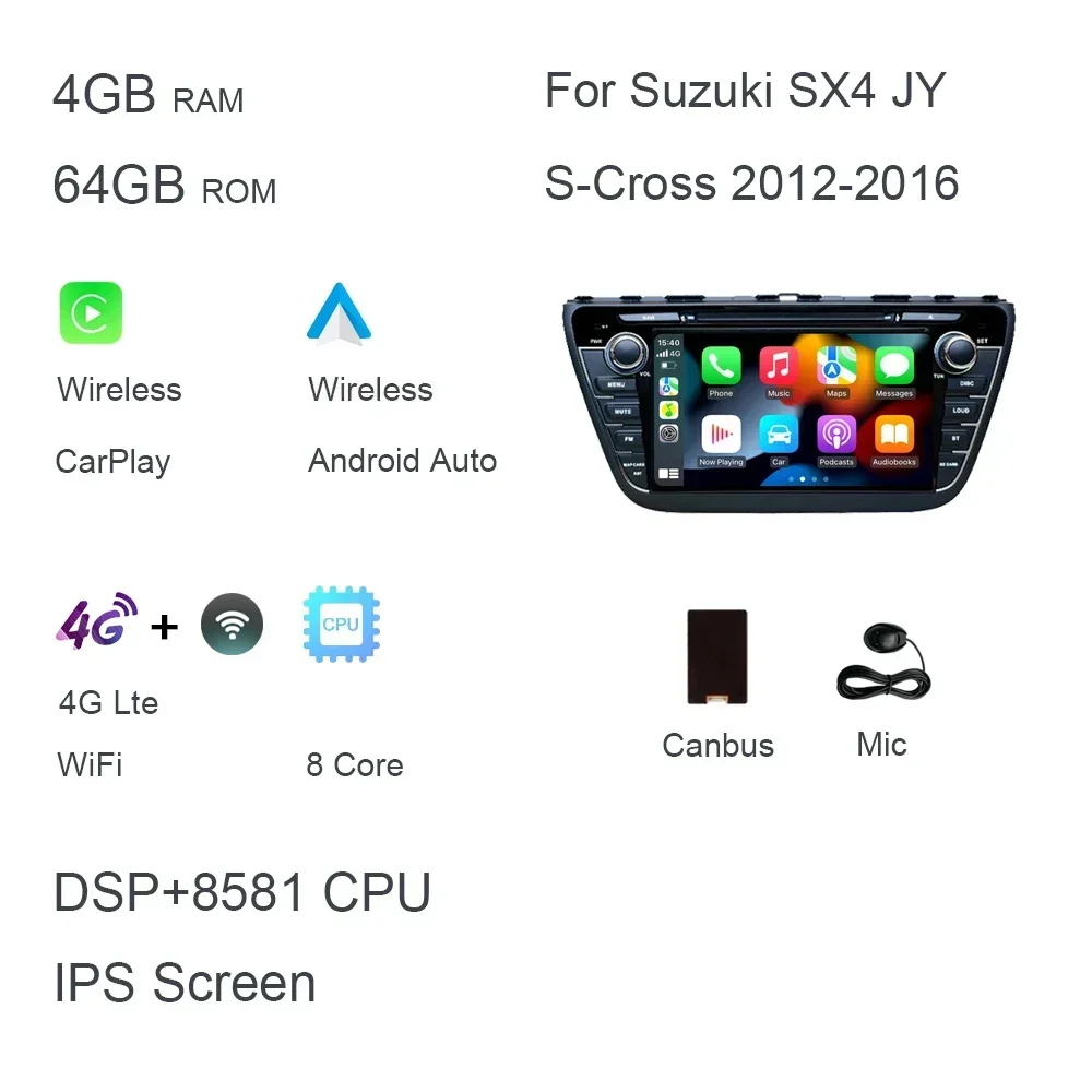 

8 "беспроводной Carplay Android 13.0 8G + 128G GPS автомобильный плеер навигационное радио Wi-Fi мультимедиа для Suzuki SX4 JY S-Cross 2012-2016