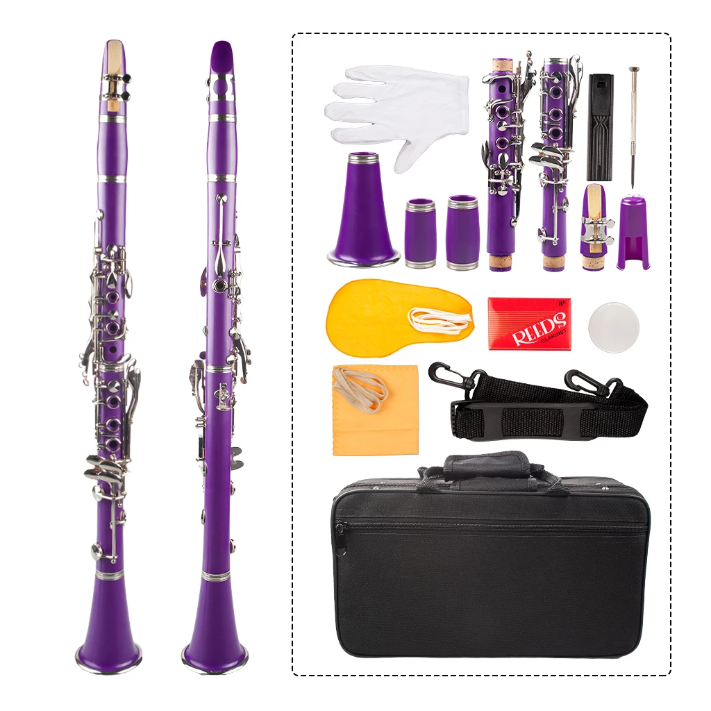 Purple Clarinet ABS 17 Key Bb Flat Soprano Binocular Clarinet with Cleaning Cloth Gloves Reeds Screwdriver Reed Case Whole SET enlarge