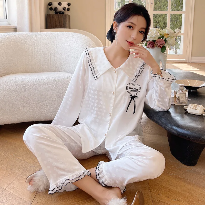 New style pajamas women's ice silk thin long-sleeved trousers suit large women's household clothes