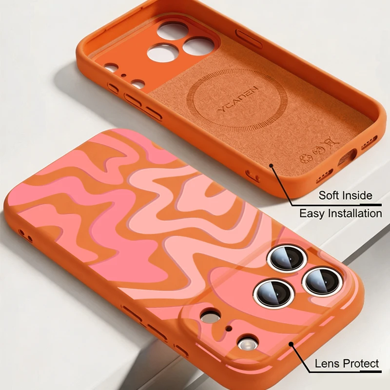 Фото Жидкий силиконовый магнитный чехол для iPhone 17 Pro Max 16 15 14 13 Pro Max с полосатым узором и железным кольцом, совместимый с MagSafe, мягкий чехол №3