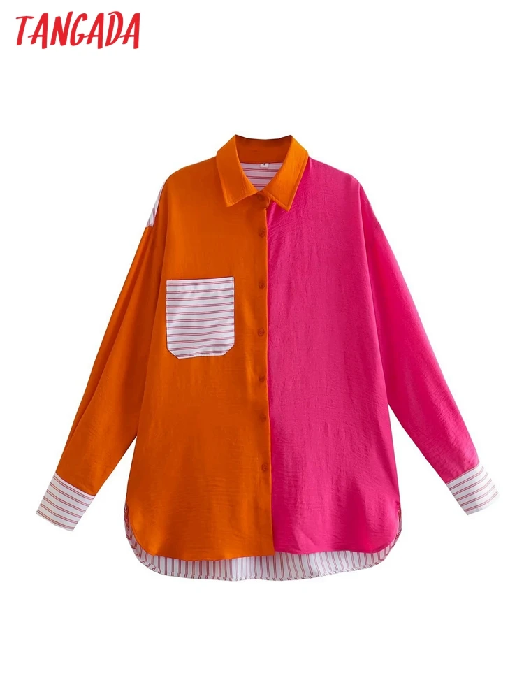 

Tangada women vintage color block shirt long sleeve 2022 chic female high street loose shirt QJ114