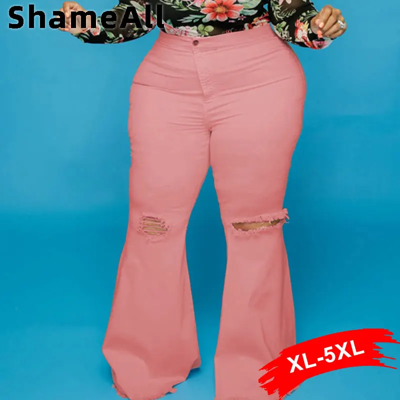 Plus Size Street Ripped Holes Pink Flared Jeans 3XL Y2K Hollow Out Wide Leg Indie Aesthetic Distressed Bell Bottoms Denim Pants