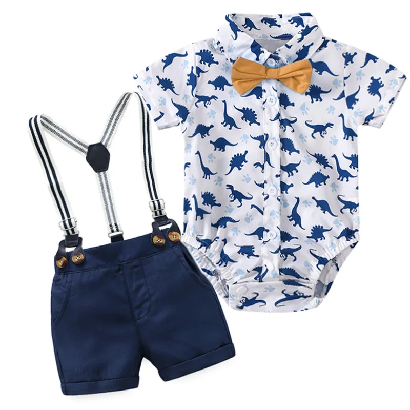 

Summer New Baby Boy Clothes Set Overalls Suit Dinosaur Print Toddler Newborn Clothing Sets Bodysuit Gentleman Romper Suits