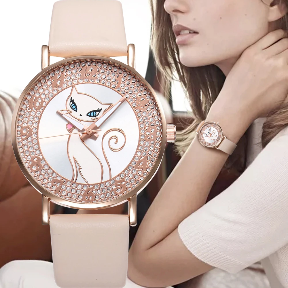 

Reloj Mujer Watches Women Lovely Cat Leather Quartz Watch Relogio Casual Elegant Wristwatch Clock Reloj Mujer Montre Femme