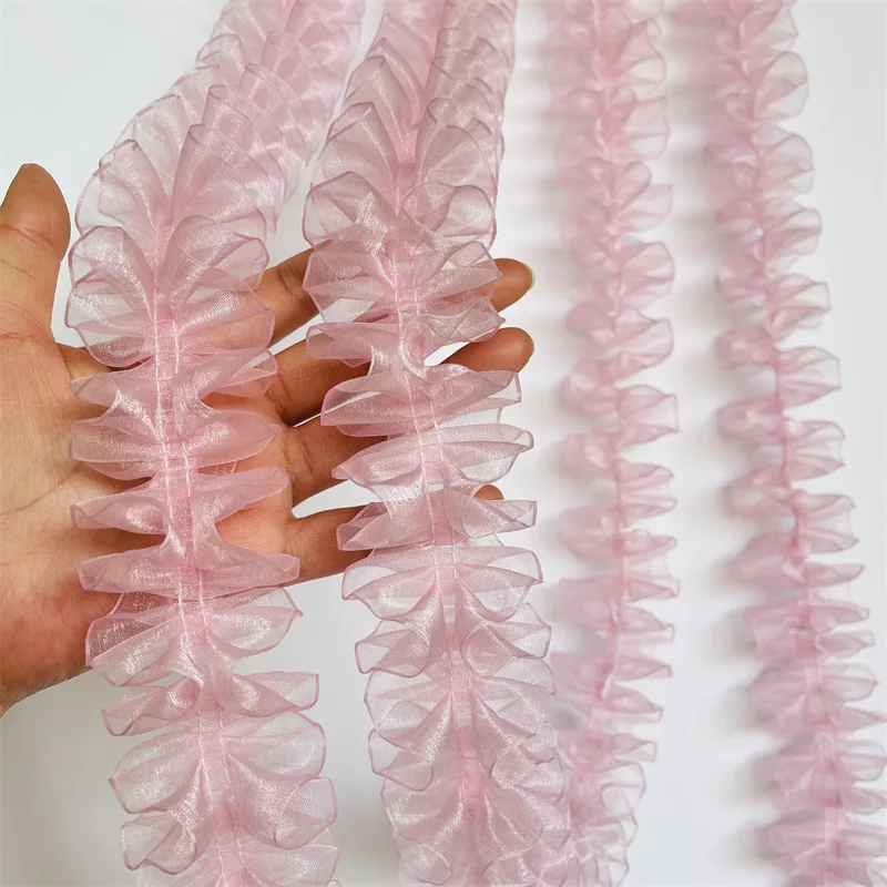 

5cm Wide Pink Pleated Lace Ribbons For Girls Dress Needlework Accessories Clothing Diy Craft Supply Home Decor Sewing Fabric 2y