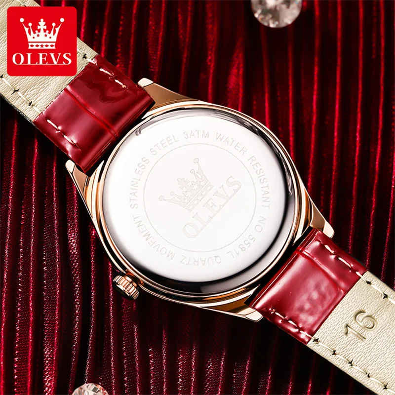 OLEVS Watch Women Diamond Leather Quartz Wristwatch Waterproof Luminous Rose Gold Red Ladies Watches Girlfriend Gift reloj mujer