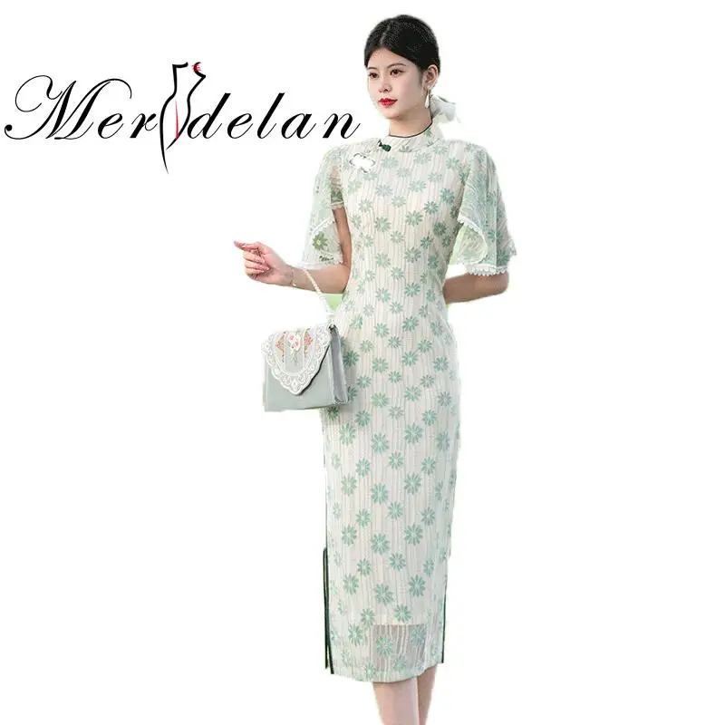 

Merdelan Chinese Floral Style Luxury Traditional Design Casual Chinoiserie Dress Ethnic Robe Traditional Ladies Elegant Qipao