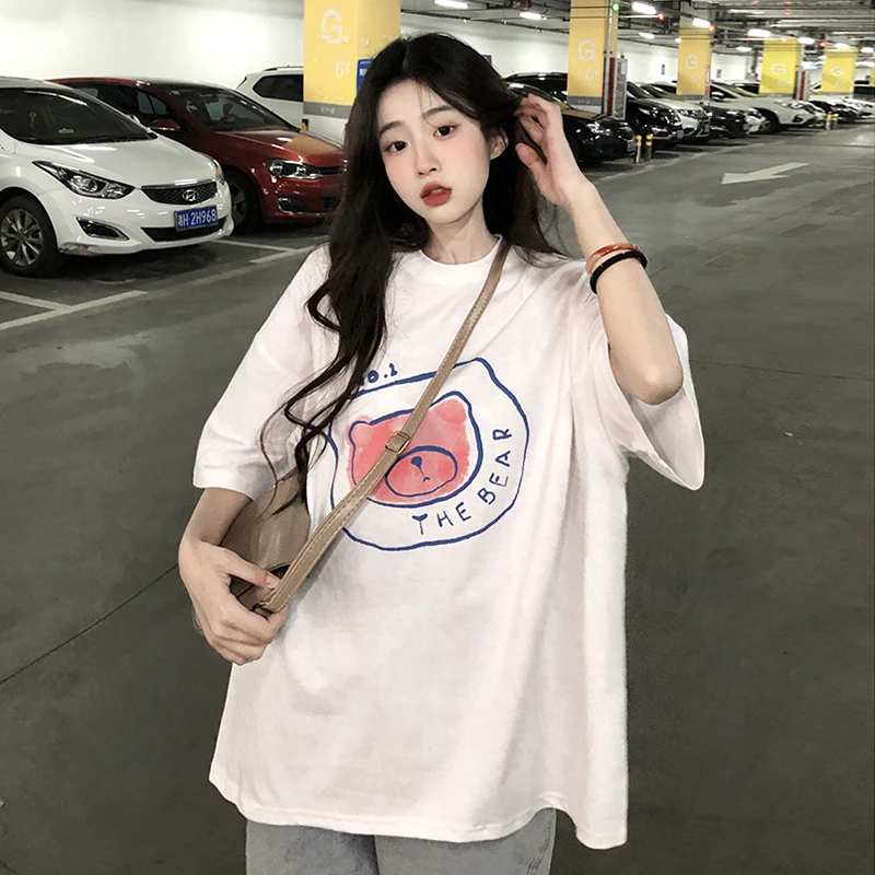 

Little bear cotton T-shirt women's summer 2022 new cute foreign style ins super hot loose short sleeve bottomed top fashion