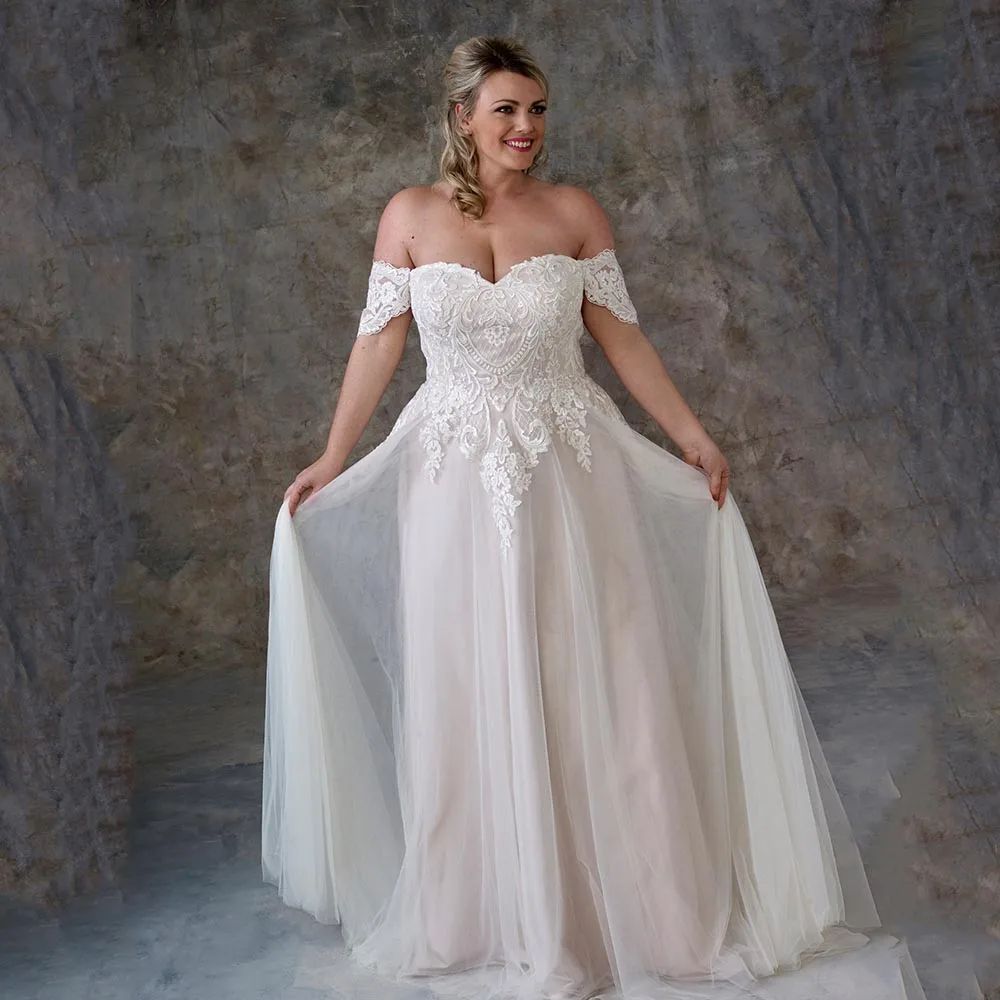 

Sweetheat Plus Size Wedding Dresses Tulle Off The Shoulder Zipper A-Line Bride Gowns Lace Applique Sweep Train Robe De Mariage