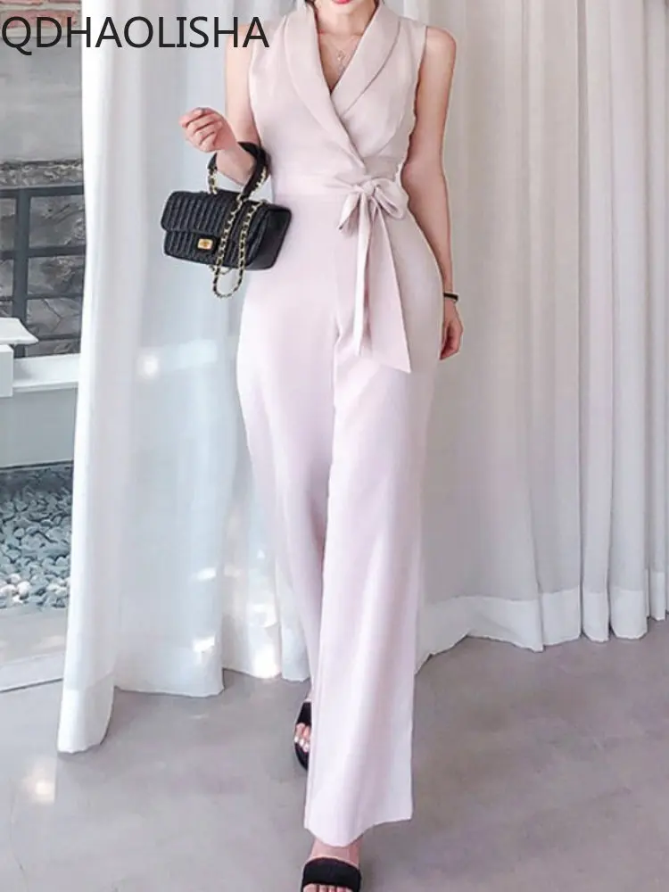 Женский элегантный Свободный комбинезон, элегантный корейский модный тонкий комбинезон с V-образным вырезом, высокой талией и широкими штанинами, Роскошные брюки без рукавов с воротником-стойкой