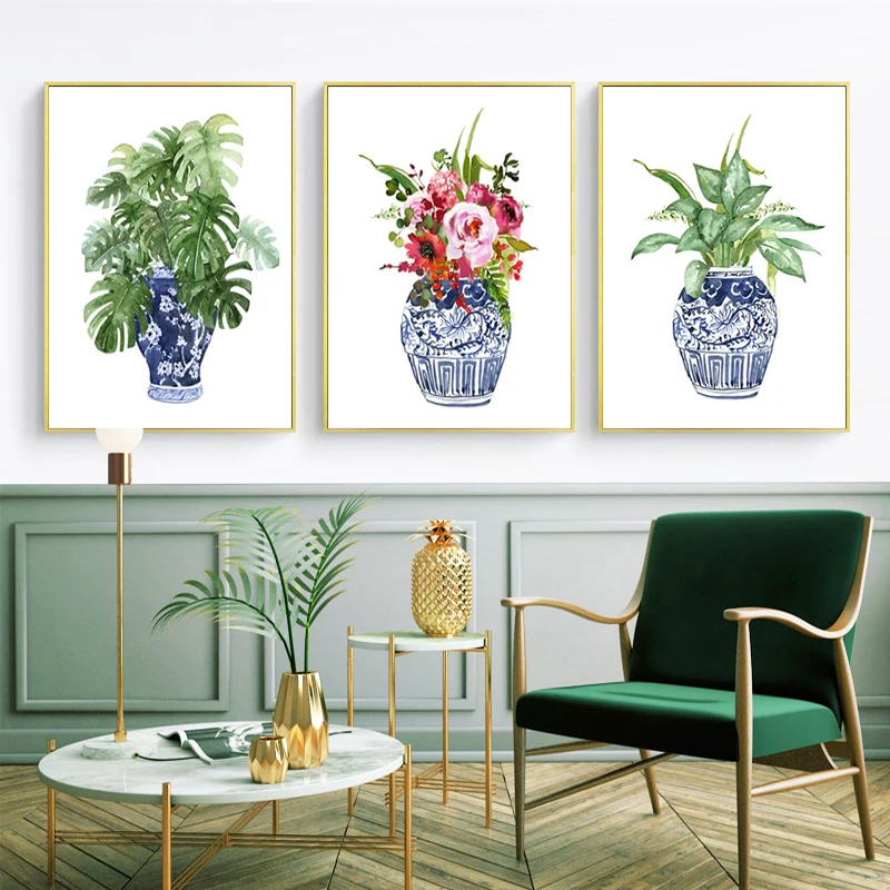 

Fashion Poster Printing Chinese Style Blue and White Porcelain Watercolor Flower Plant Canvas Art Room Decoration Painting Mural
