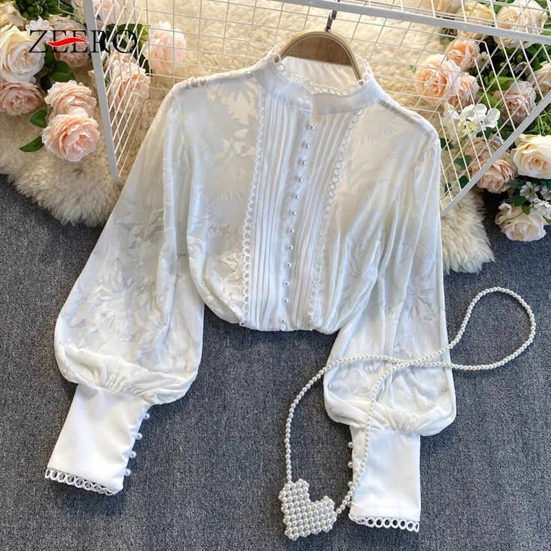 

Spring Autumn Women Clothes Blous Female Long Lantern Sleeve Folds Single-breasted Vintage Court Style Blouse White Shirt Top