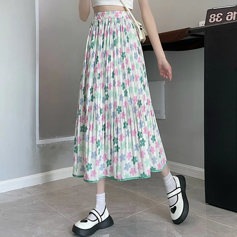 

A Line Midi Faldas Largas Mujer Harajuku Maxi Long Elegant High Waist Ladies Bohemian Print Pleated Popular Korean Style Skirt