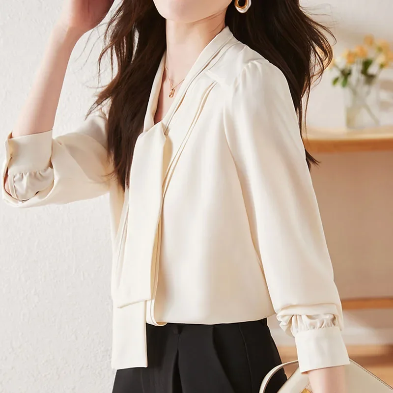 Модная женская блузка с v-образным вырезом и длинным рукавом шифоновая на