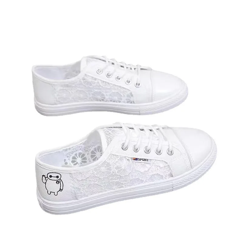 Summer New Women's Casual Board Shoes Lace Design Breathable Comfortable Non-slip Sole Office Student Mesh Flats