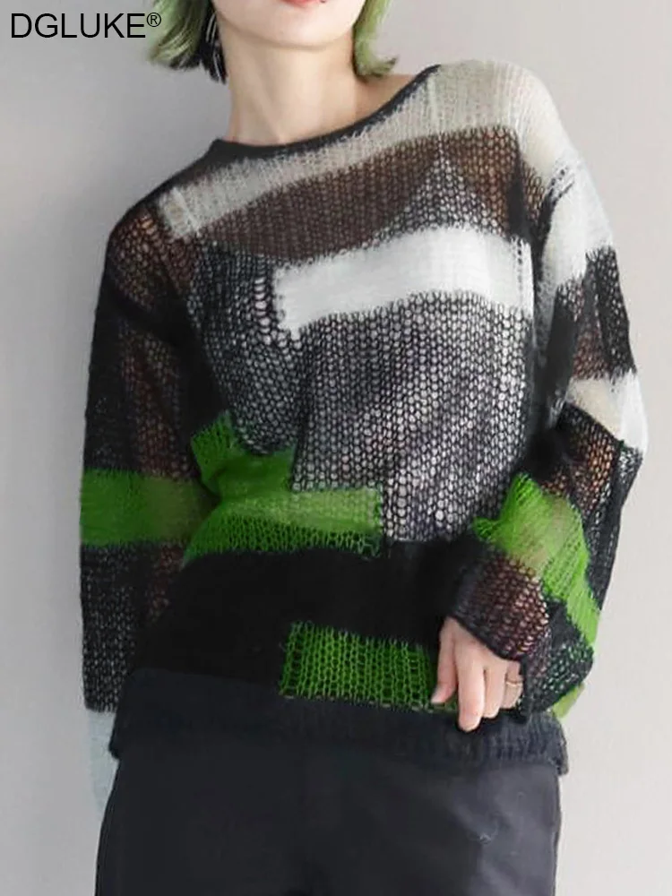 

Color Block Y2K Sweater Women Crewneck Oversized Sweater Autumn Fashion Knitted Pullover See Through Top