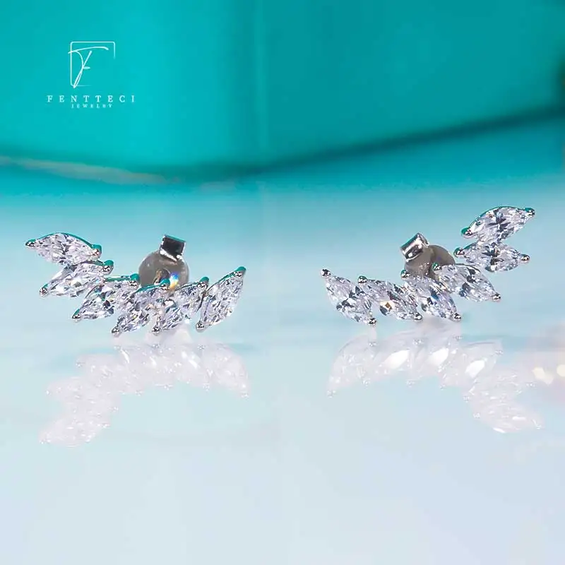 FENTTECI 925 Sterling Silver Elf Earbone Clip Angel Wings Flash Diamond Curved Stud Earrings Advanced Custom Earrings For Women