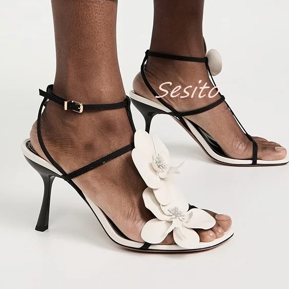 Сандалии женские с открытым носком Босоножки на тонких шпильках пряжкой цветком