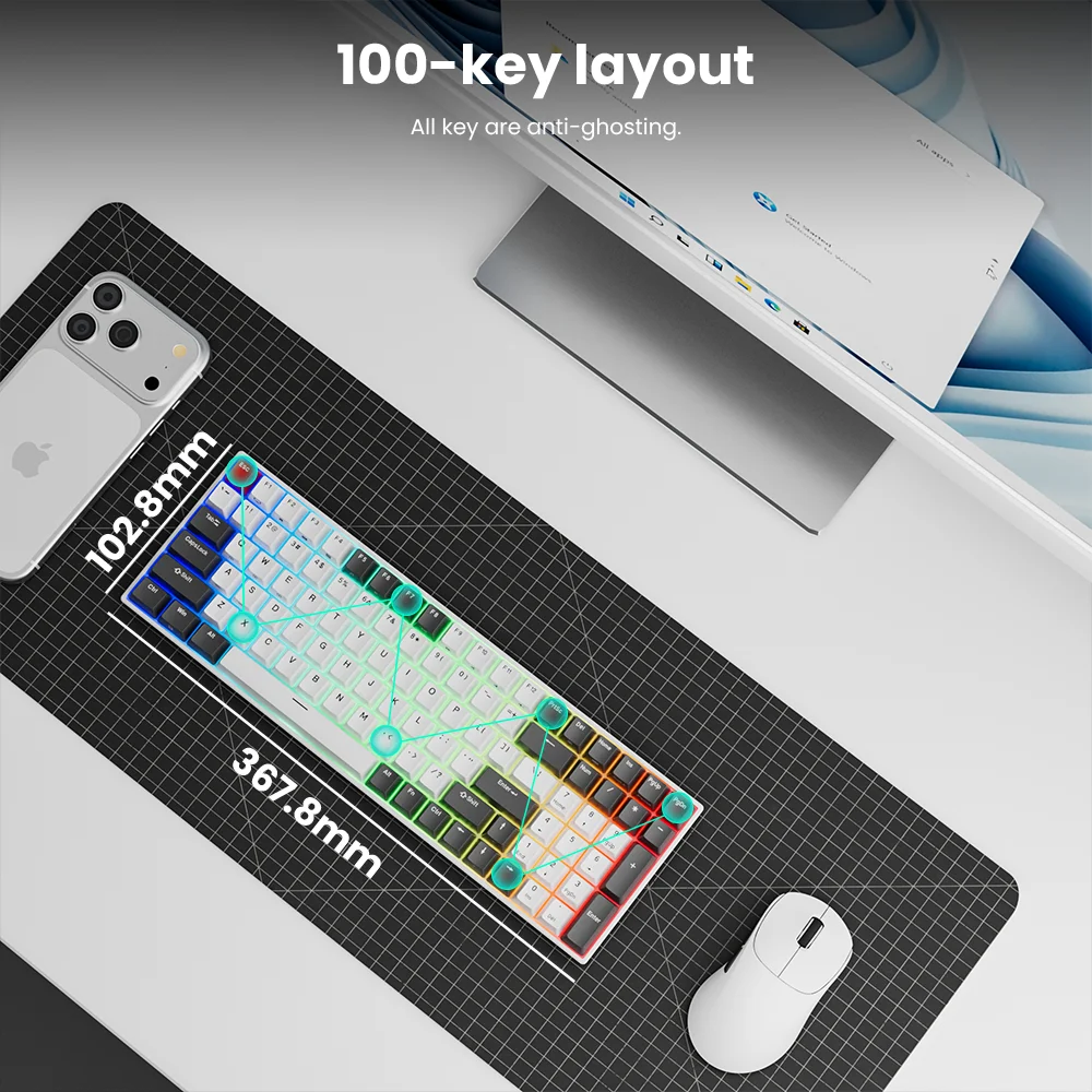 Фото RK ROYAL KLUDGE RK100, английская 2,4G, беспроводная/Bluetooth/проводная механическая клавиатура RGB, 100 клавиш, PBT, игровая клавиатура с возможностью горячей замены №2