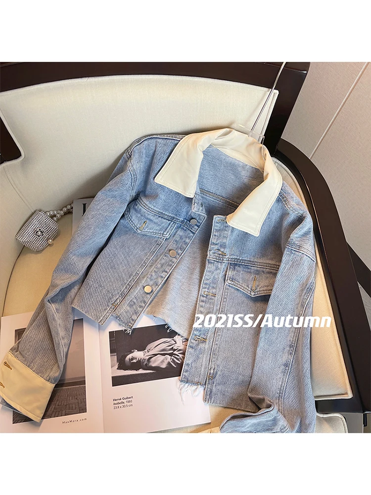 

Женская джинсовая куртка в стиле пэчворк, корейская мода, винтажная джинсовая куртка с длинным рукавом и бахромой, короткая куртка бойфренда, осень 2022