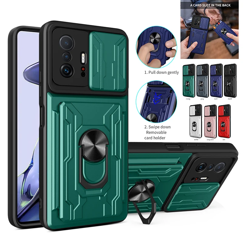 

Detachable Card Holder Phone Case For Xiaomi Mi 11 Lite 11T Pro 11X Poco X3 NFC M3 Pro Slide Stand Kickstand Ring Camera Cover