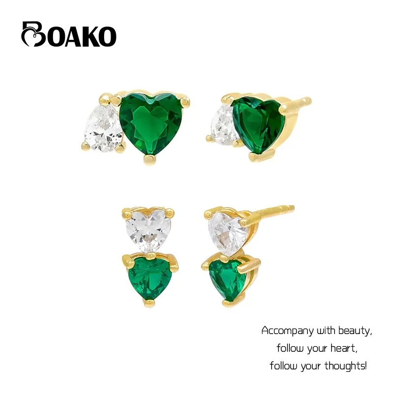 

BOAKO 925 Sterling Silver Green White CZ Heart Stud Earrings For Women Piercing Earring 18K Gold Plated Jewelry Brincos Aretes