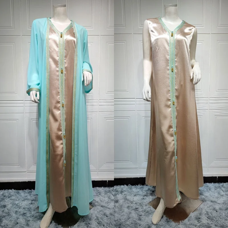 

Diamonds Takchita Moroccan Kaftan Jalabiya Women Chiffon Cadigan Satin Inner Dress Dubai Arab Muslim Party Wedding Gown Ramadan